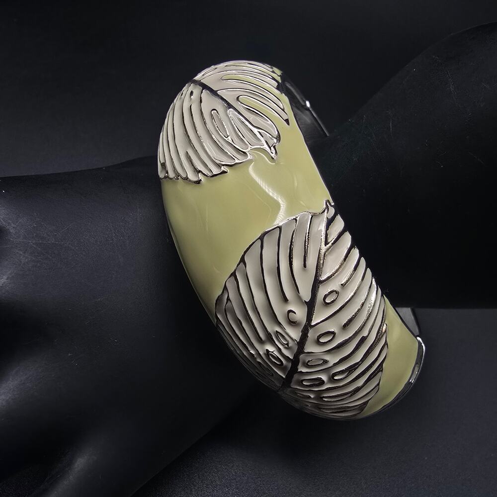 Sequin Yellow Monstera Leaf Bracelet Hinged Clamper Bangle Tropical Beachy